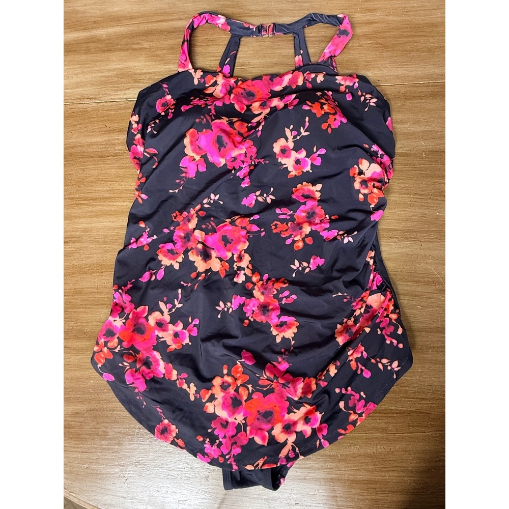 Swimsuits For All Floral One Piece Swimsuit Black Pink Ruched Halter Size 24 - Picture 2 of 9